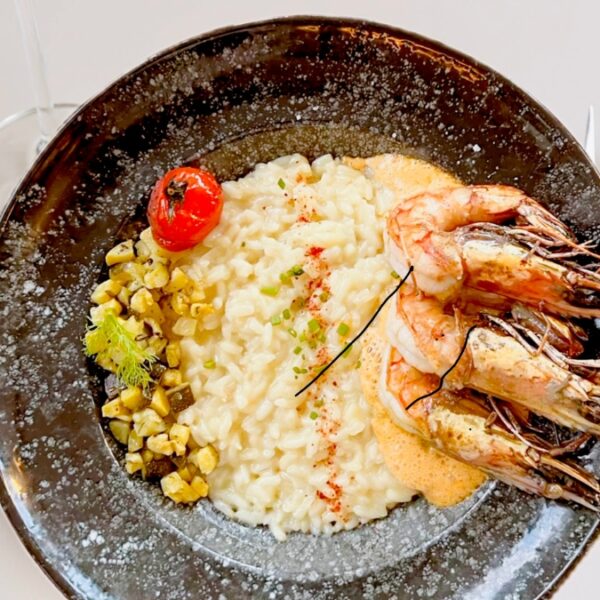 gambas à la bisque et son risotto à la courgette